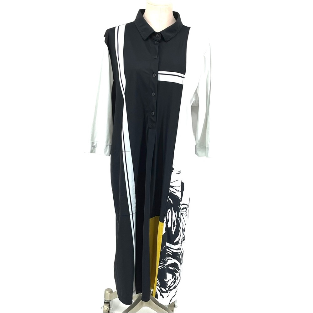 Alembika Black & White Long Sleeve Button-Front Maxi Dress with Yellow Accent